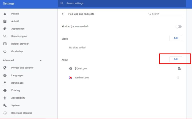 Google Chrome Setting - pop-up blocker allowed